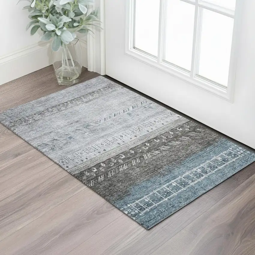 Blue Brown And Silver Geometric Washable Area Rug With UV Protection Photo 2