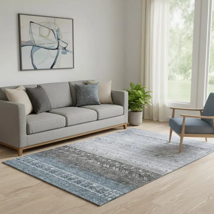 Blue Brown And Silver Geometric Washable Area Rug With UV Protection Photo 2