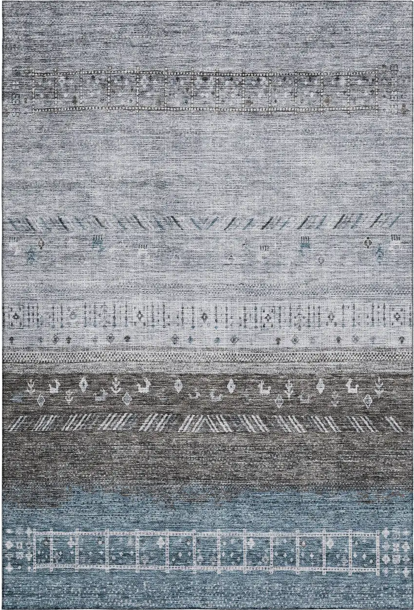 Blue Brown And Silver Geometric Washable Area Rug With UV Protection Photo 1