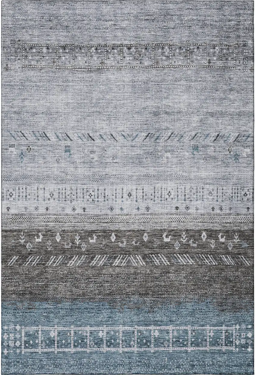 Blue Brown And Silver Geometric Washable Area Rug With UV Protection Photo 3