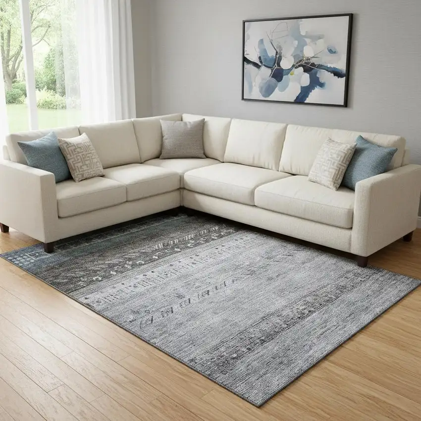 Blue Brown And Silver Geometric Washable Area Rug With UV Protection Photo 2