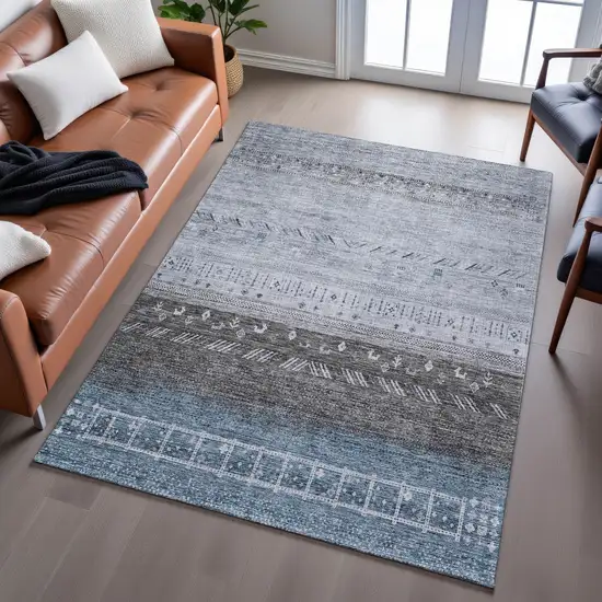 Blue Brown And Silver Geometric Washable Area Rug With UV Protection Photo 5