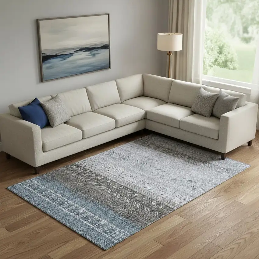 Blue Brown And Silver Geometric Washable Area Rug With UV Protection Photo 2