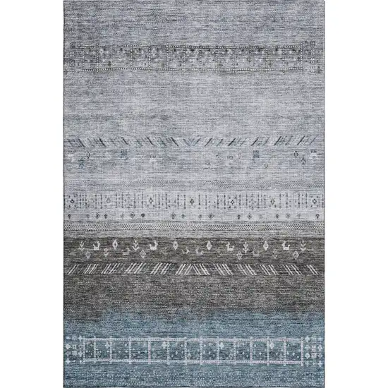 Blue Brown And Silver Geometric Washable Area Rug With UV Protection Photo 1