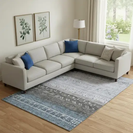 Blue Brown And Silver Geometric Washable Area Rug With UV Protection Photo 2