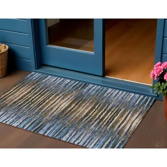 Blue Brown And Sky Blue Striped Washable Indoor Outdoor Area Rug Photo 1