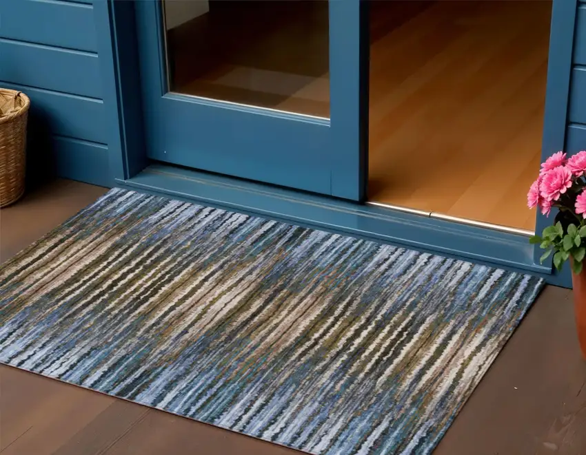 Blue Brown And Sky Blue Striped Washable Indoor Outdoor Area Rug Photo 1