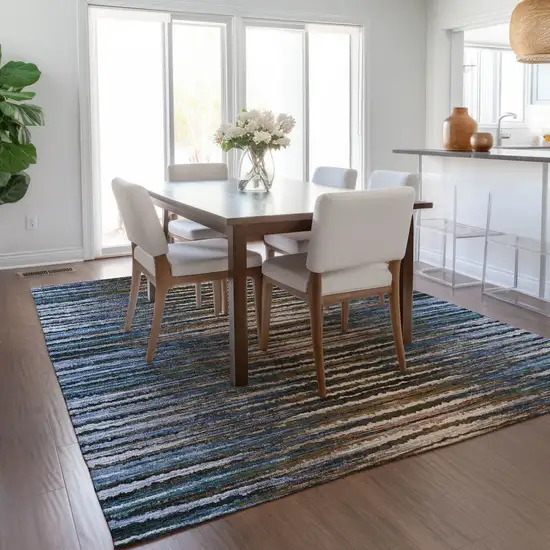 Blue Brown And Sky Blue Striped Washable Indoor Outdoor Area Rug Photo 9