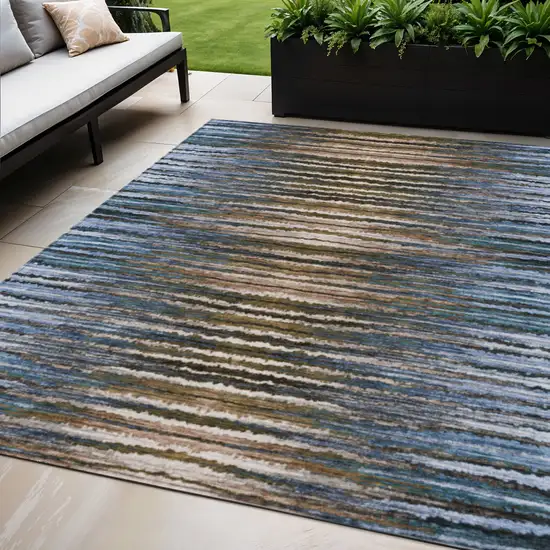 Blue Brown And Sky Blue Striped Washable Indoor Outdoor Area Rug Photo 1