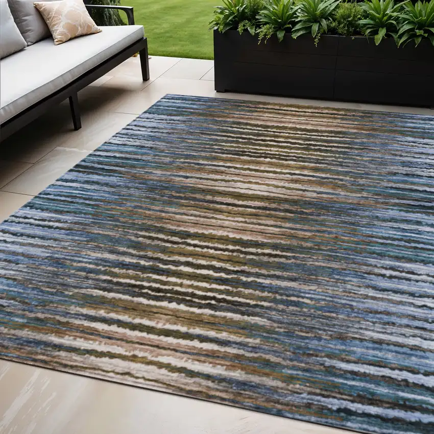 Blue Brown And Sky Blue Striped Washable Indoor Outdoor Area Rug Photo 1