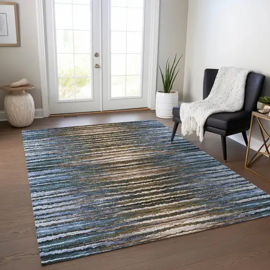 Blue Brown And Sky Blue Striped Washable Indoor Outdoor Area Rug Photo 8