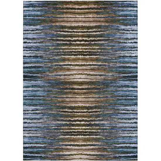 Blue Brown And Sky Blue Striped Washable Indoor Outdoor Area Rug Photo 6