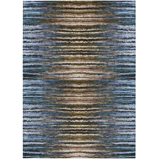 Blue Brown And Sky Blue Striped Washable Indoor Outdoor Area Rug Photo 6