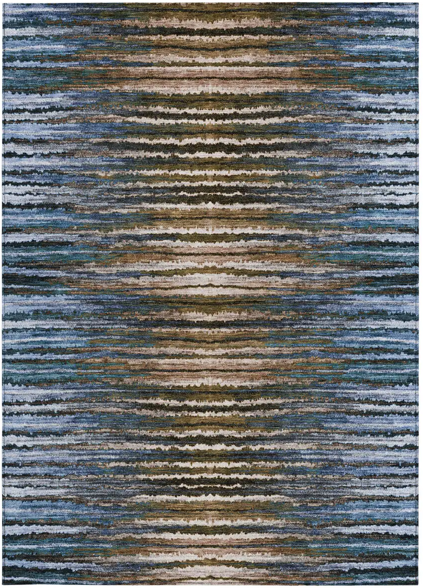 Blue Brown And Sky Blue Striped Washable Indoor Outdoor Area Rug Photo 6