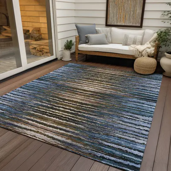 Blue Brown And Sky Blue Striped Washable Indoor Outdoor Area Rug Photo 8