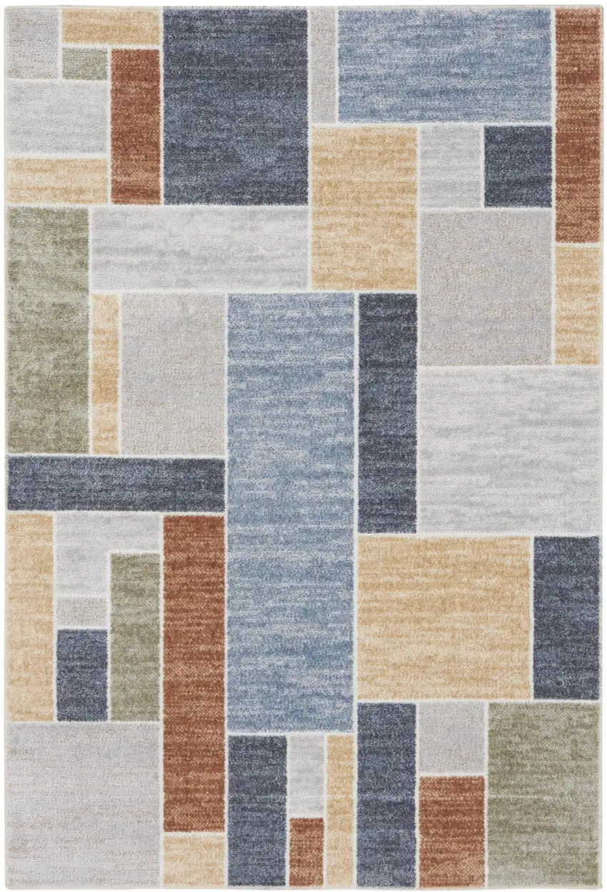 Blue Brown And Tan Geometric Washable Area Rug Photo 7