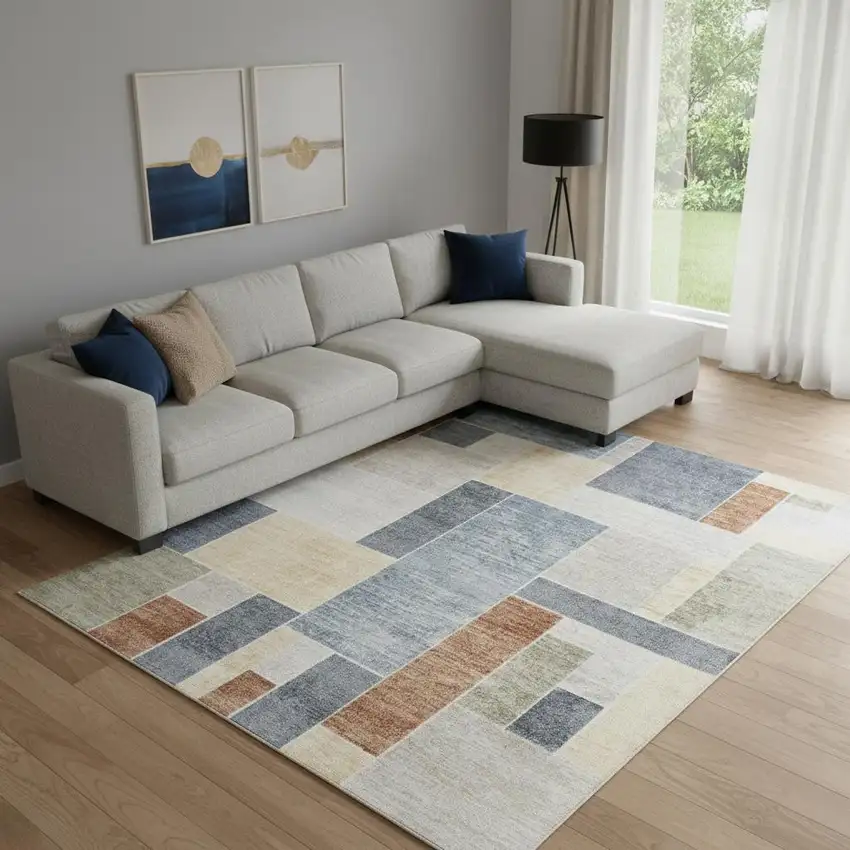 Blue Brown And Tan Geometric Washable Area Rug Photo 1