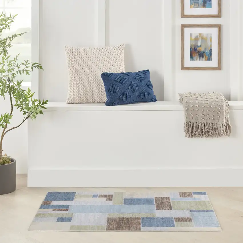 Blue Brown And Tan Geometric Washable Area Rug Photo 5
