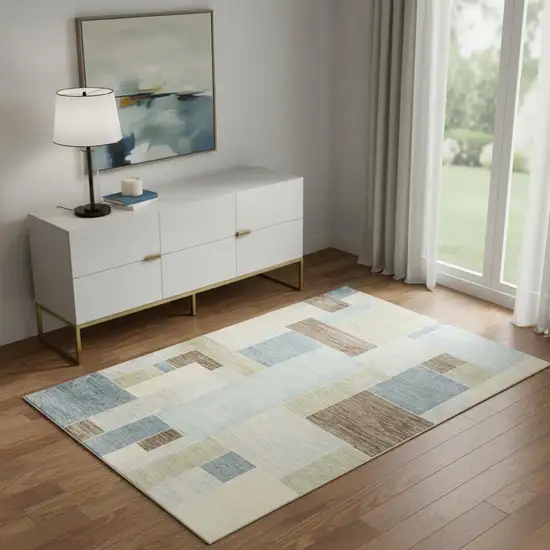 Blue Brown And Tan Geometric Washable Area Rug Photo 1