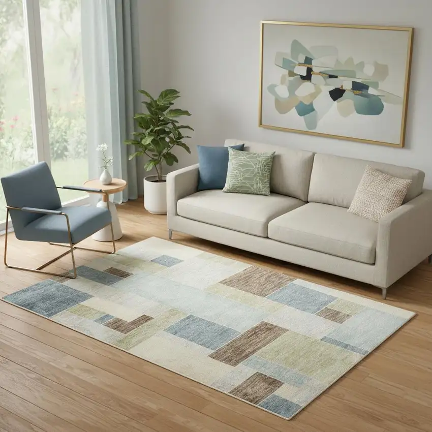 Blue Brown And Tan Geometric Washable Area Rug Photo 1