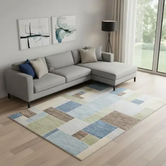 Blue Brown And Tan Geometric Washable Area Rug Photo 1