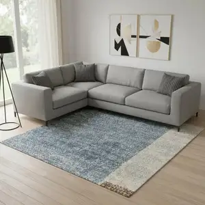 Photo of Blue Brown And Tan Geometric Washable Area Rug