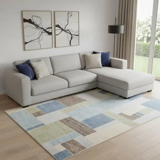 Blue Brown And Tan Geometric Washable Area Rug Photo 1