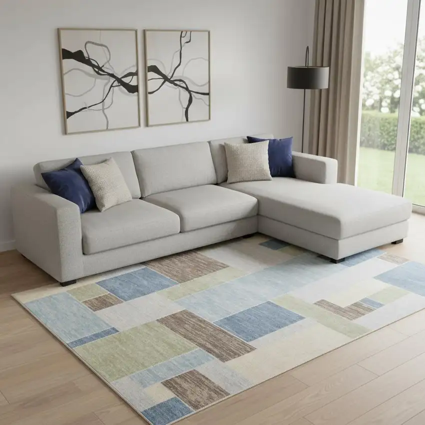 Blue Brown And Tan Geometric Washable Area Rug Photo 1