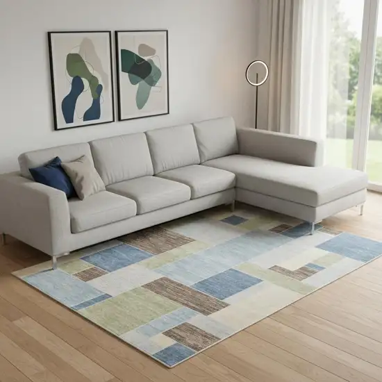 Blue Brown And Tan Geometric Washable Area Rug Photo 1