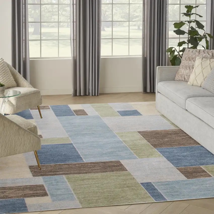 Blue Brown And Tan Geometric Washable Area Rug Photo 5