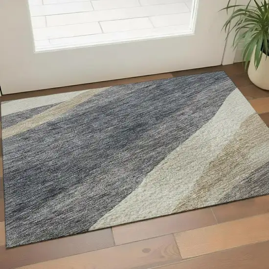 Blue Brown And Taupe Abstract Washable Area Rug With UV Protection Photo 2