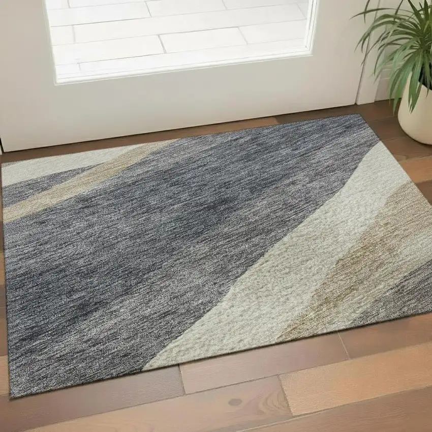 Blue Brown And Taupe Abstract Washable Area Rug With UV Protection Photo 2