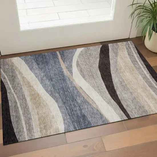 Blue Brown And Taupe Abstract Washable Area Rug With UV Protection Photo 1