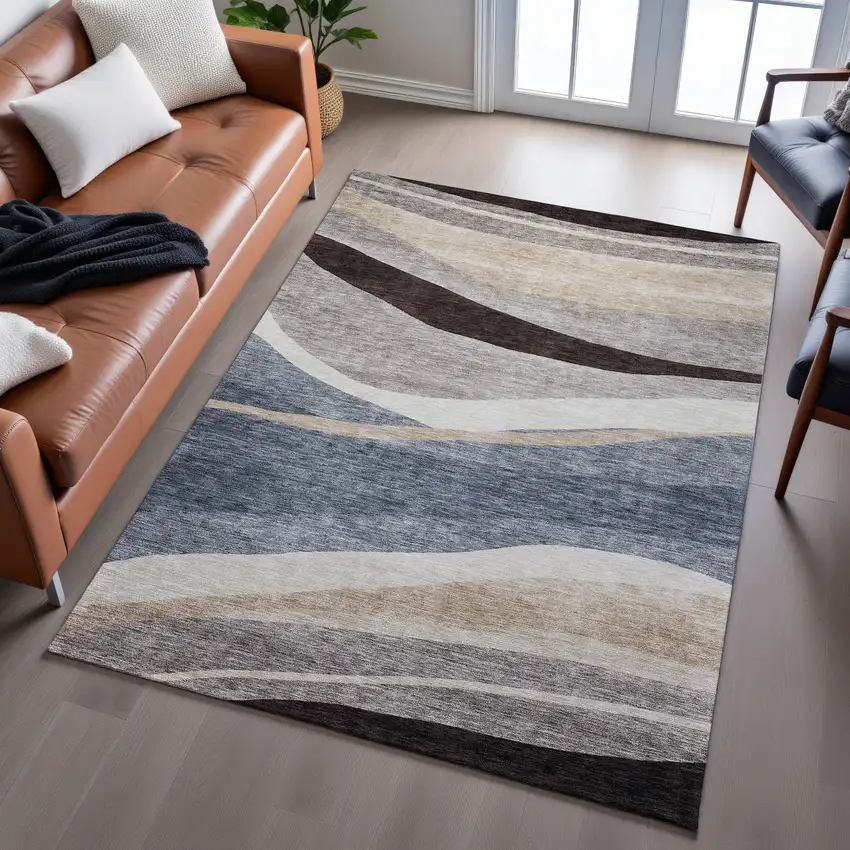 Blue Brown And Taupe Abstract Washable Area Rug With UV Protection Photo 5