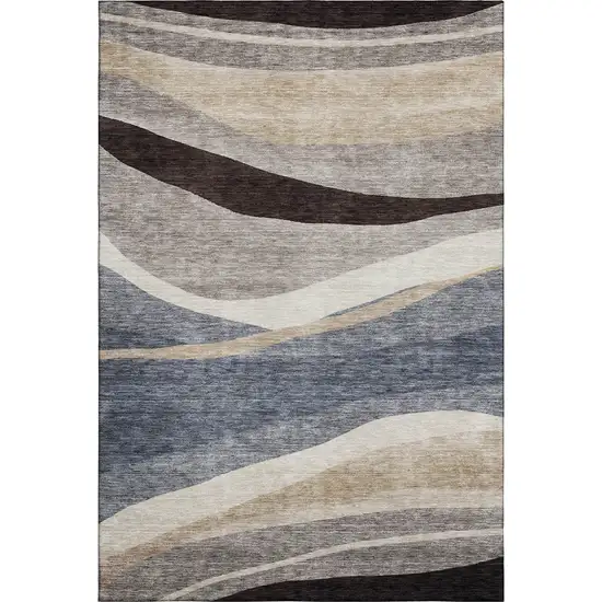 Blue Brown And Taupe Abstract Washable Area Rug With UV Protection Photo 6