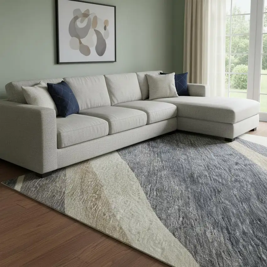 Blue Brown And Taupe Abstract Washable Area Rug With UV Protection Photo 2