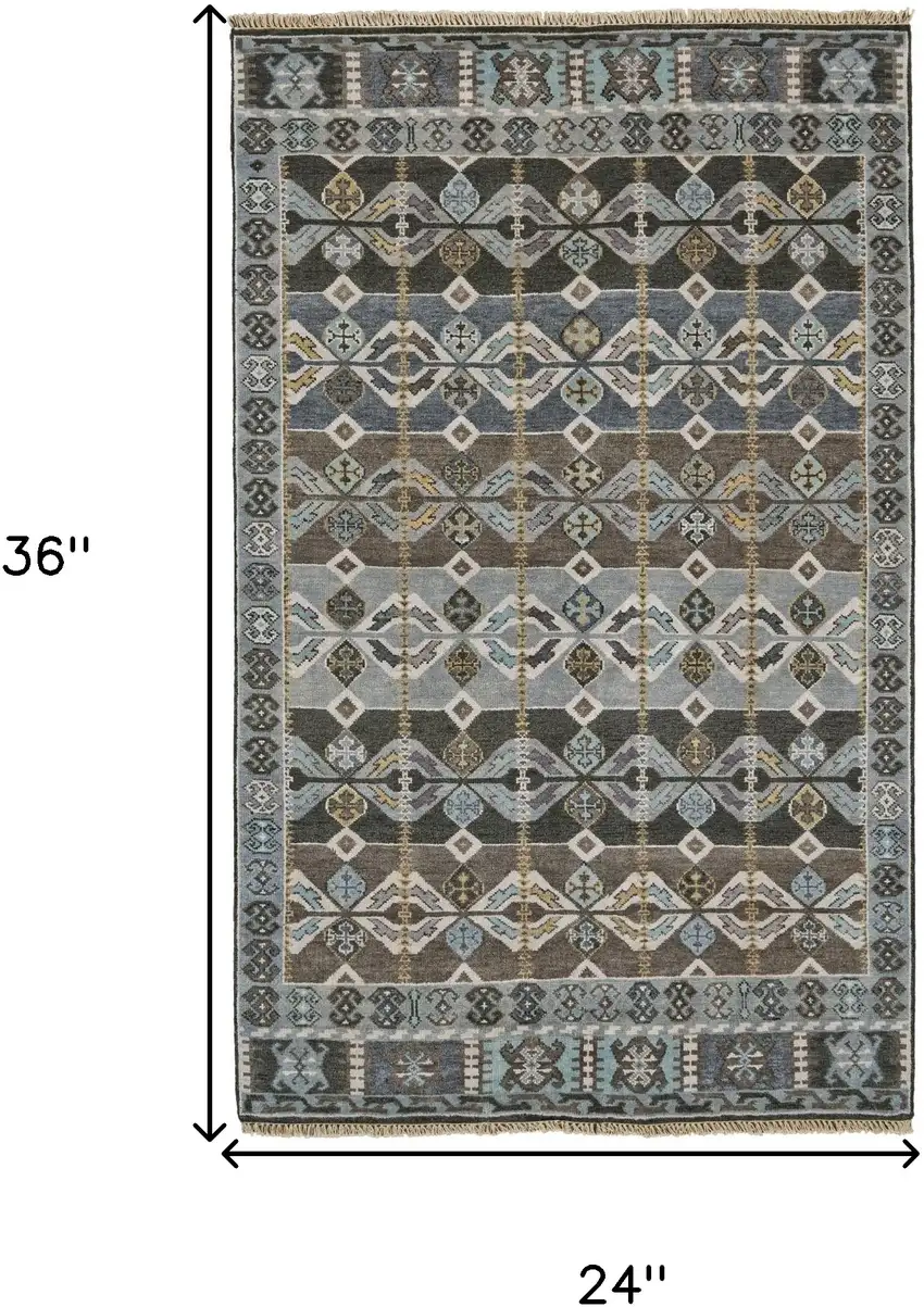 Blue Brown and Gray Wool Southwestern Hand Knotted Area Rug Photo 3