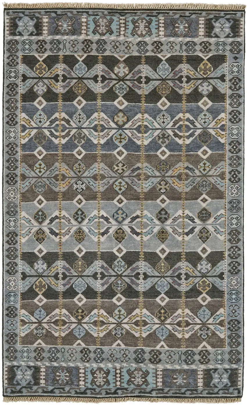 Blue Brown and Gray Wool Southwestern Hand Knotted Area Rug Photo 2