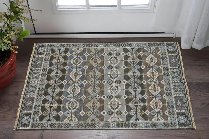 Blue Brown and Gray Wool Southwestern Hand Knotted Area Rug Photo 1