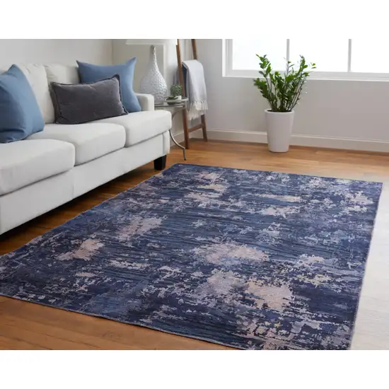 Blue Brown and Tan Abstract Power Loom Worn Faded Washable Area Rug Photo 7