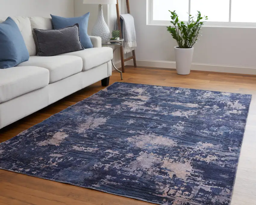 Blue Brown and Tan Abstract Power Loom Worn Faded Washable Area Rug Photo 7