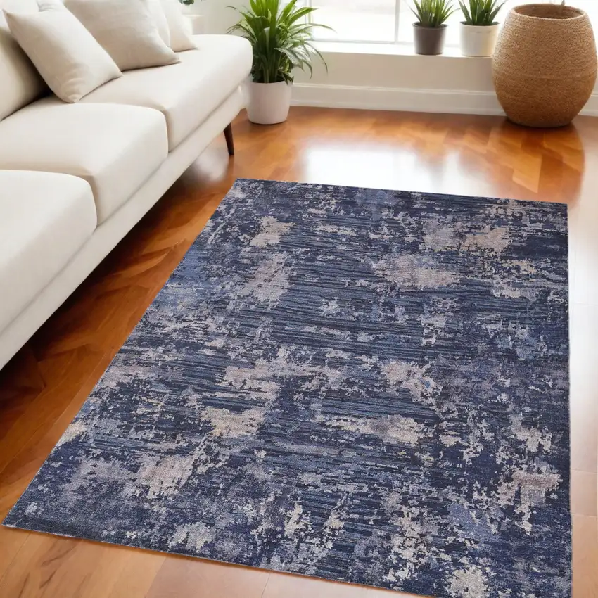 Blue Brown and Tan Abstract Power Loom Worn Faded Washable Area Rug Photo 1