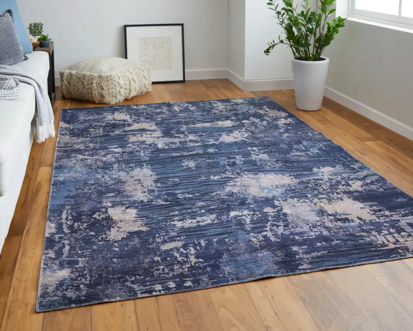 Blue Brown and Tan Abstract Power Loom Worn Faded Washable Area Rug Photo 9