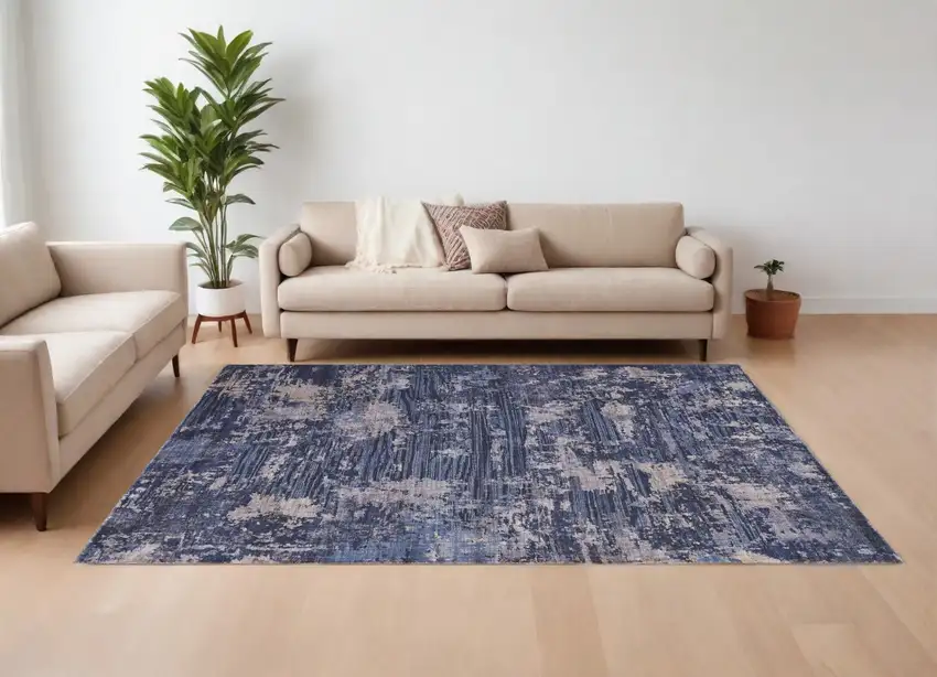 Blue Brown and Tan Abstract Power Loom Worn Faded Washable Area Rug Photo 1