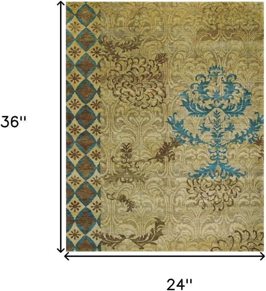 Blue Brown and Tan Floral Hand Knotted Area Rug Photo 3