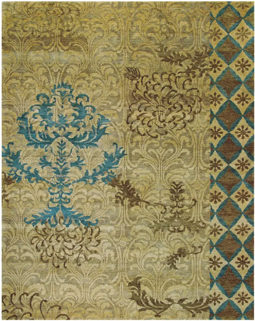 Blue Brown and Tan Floral Hand Knotted Area Rug Photo 2
