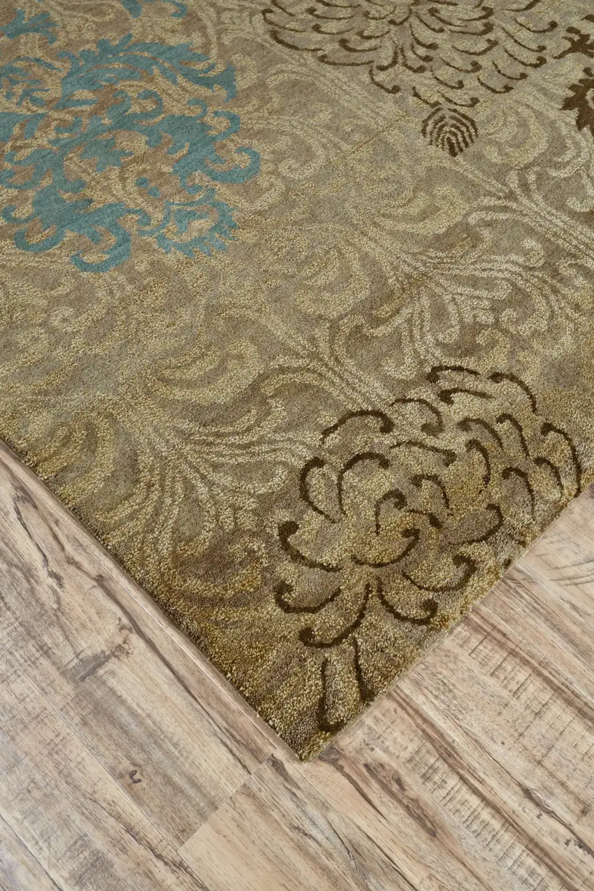 Blue Brown and Tan Floral Hand Knotted Area Rug Photo 5