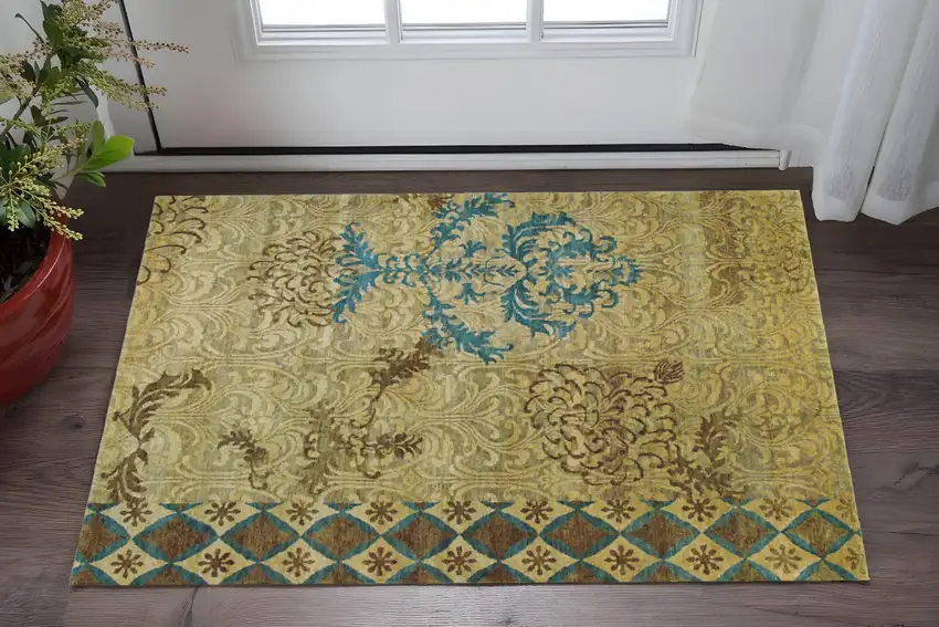 Blue Brown and Tan Floral Hand Knotted Area Rug Photo 1