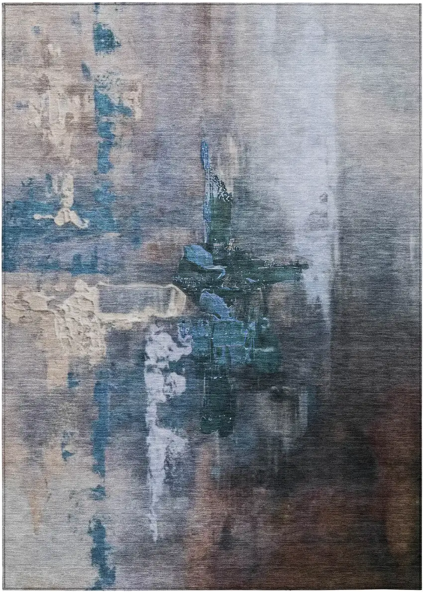 Blue Charcoal And Brown Abstract Washable Indoor Outdoor Area Rug Photo 1