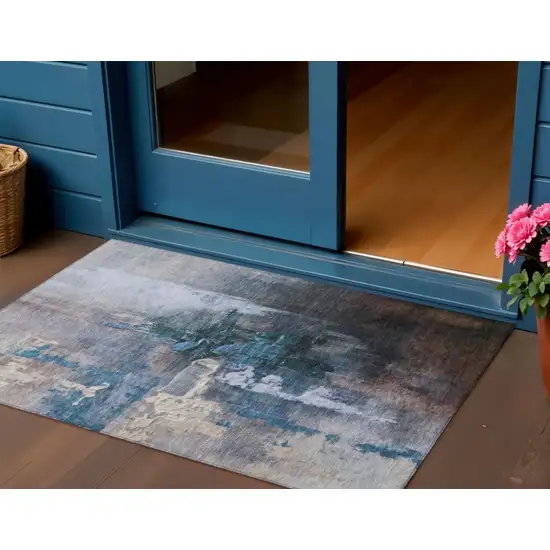 Blue Charcoal And Brown Abstract Washable Indoor Outdoor Area Rug Photo 2